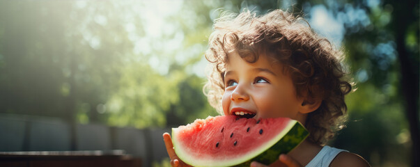 Kid is enjoying eating watermelon in sunny summer day