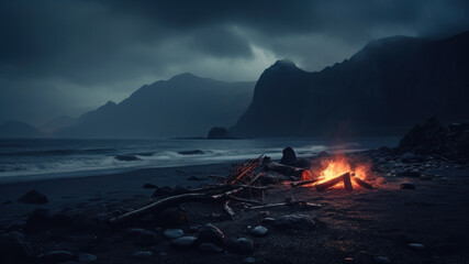Burning campfire on the lonely overcast beach. Camping on the beach at night. Cloudy, foggy and rainy weather. Moody and dramatic.