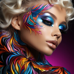 Naklejka premium Colorful Revolution: A Woman's Face Painted with Acrylic Embodies Freedom, LGBT Pride, and Chic Fashion
