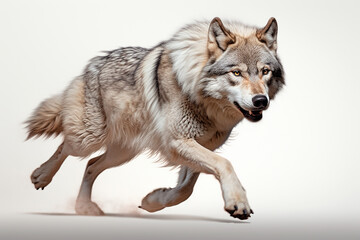 Fototapeta premium Wolf isolated on white background running. Animal side view portrait.