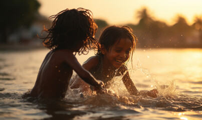 kids, playing in water, having fun, happy, childhood