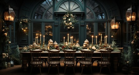 Table setting for a New Year's feast, Glasses and plates for a romantic dinner, a festive atmosphere with garlands and Christmas tree branches. Decor in the Provencal style for the holiday