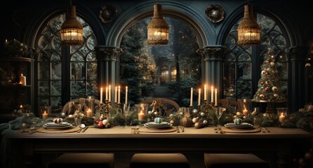 Fototapeta premium Table setting for a New Year's feast, Glasses and plates for a romantic dinner, a festive atmosphere with garlands and Christmas tree branches. Decor in the Provencal style for the holiday