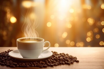 Fototapeta premium Awesome Coffee Delight Cup, Beans, Sugar on Cozy Table, Enjoy easy background