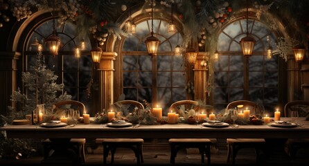 Obraz premium Table setting for a New Year's feast, Glasses and plates for a romantic dinner, a festive atmosphere with garlands and Christmas tree branches. Decor in the Provencal style for the holiday