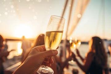 hands with glasses of shompansky on background of yacht