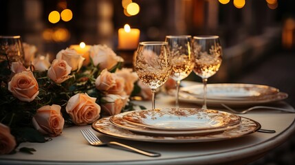 Table setting for a New Year's feast, Glasses and plates for a romantic dinner, a festive atmosphere with garlands and Christmas tree branches. Decor in the Provencal style for the holiday