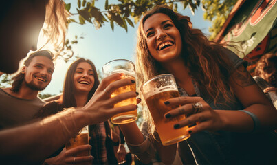 Group of young people having fun and drinking beer on festival