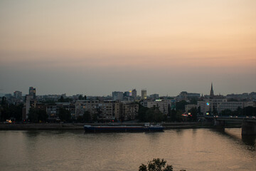 Naklejka premium Architecture of Novi Sad. Panorama at night of Novi Sad, Vojvodina, Serbia. Cityscape panorama at night. Long exposure. Horizontal image. 