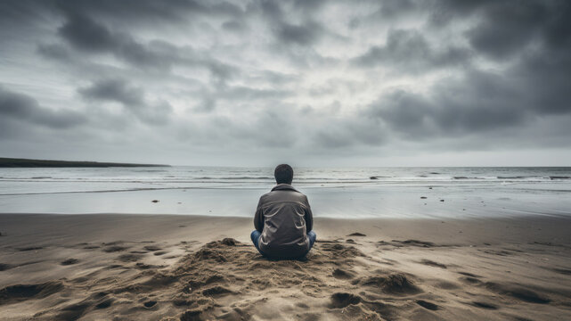 Man sitting on a sand beach and looking to the sea. Peaceful place to relax and meditate. Calm weather.