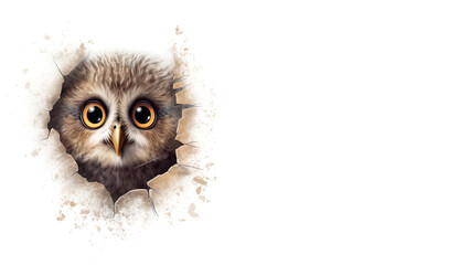 close up of a curious cute young owl amusingly peeking out of hole on white background with copy space for text