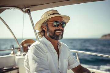 Man in white shirt and dark glasses at helm of yacht