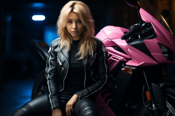 Fototapeta na wymiar Portrait of a beautiful girl on a motorcycle, bucker, sports motocross, luxury style, glamour, cool free ride travel , leather latex clothing, lifestyle speed riding, helmet