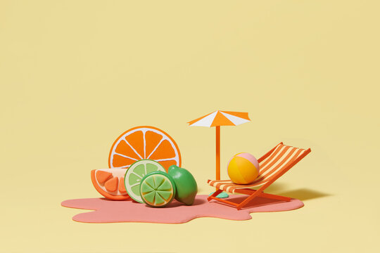 Tropical vacation at the beach with pile of citrus lemon, orange