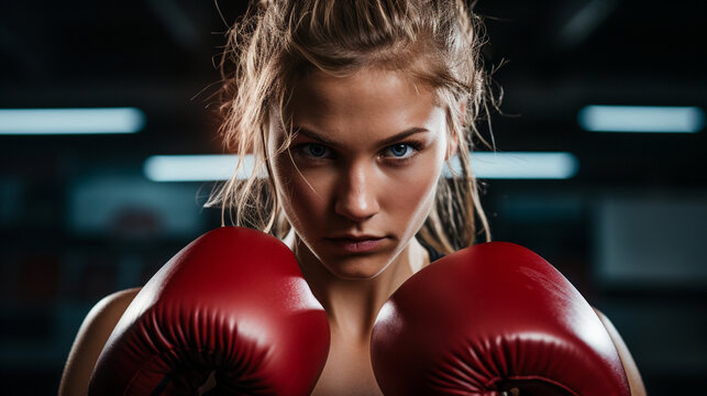 close up of female boxer ready in fighting stance in the ring, face off pov