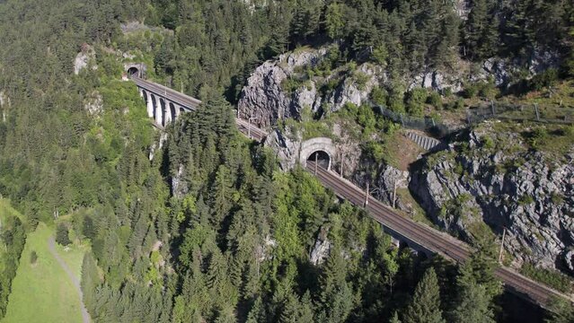 Aerial of train on viaduct in Semmering railway, Austria