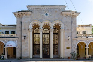 Fototapeta na wymiar Borjomi Park Railway Station, old classical style marble building with ornamental arches, Georgia.