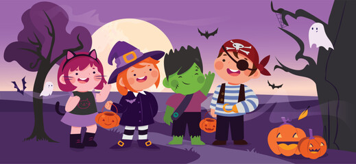 Halloween kids in costume party. Vector design illustration.