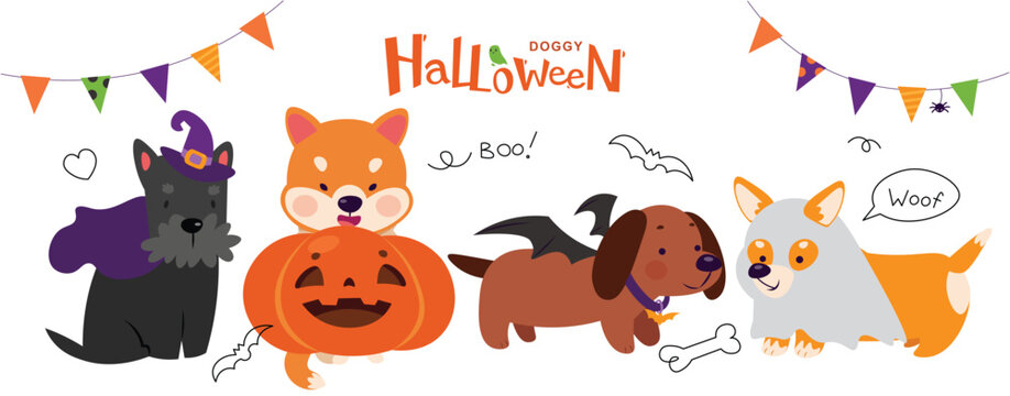 Halloween Dogs Vector Iilustration. Cute Costume Party Dog Illustration. 