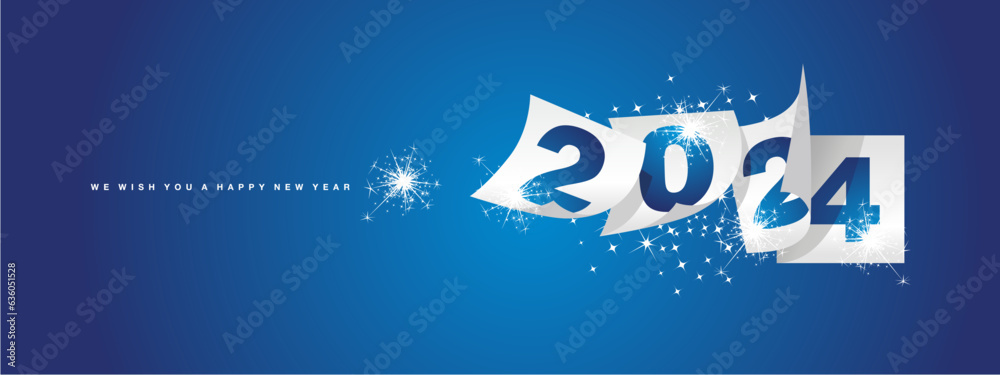 Wall mural calendar 2024 we wish you happy new year winter holiday greeting card design template on blue backgr - Wall murals