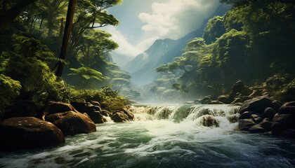 Naklejka na ściany i meble A Small Waterfall Lies in Remote Mountainous Rainforest