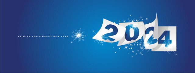 Calendar 2024 We wish you Happy New Year winter holiday greeting card design template on blue background. New Year 2024 with white calendar sheets and sparkler firework - obrazy, fototapety, plakaty