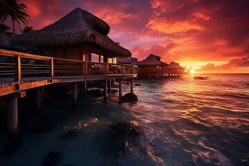 Overwater bungalows in tropical ocean on sundown.