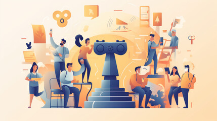 Gamification, online gaming competition vector illustration. Cartoon tiny people with gamepad play video games on console, female and male gamers holding golden cup and coin award for victory.