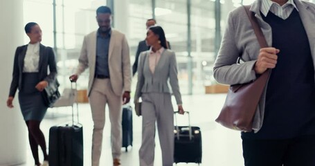 Business woman, travel and corporate staff walking in a airport lobby for work trip. Suitcase, company people at a terminal lounge for commute with journey luggage and bag ready for a job conference