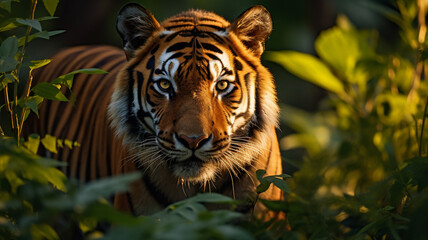 Tiger standing tall amidst a dense jungle, AI Generative.