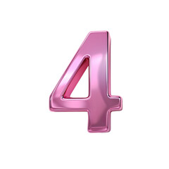 Metallic pink glass number 4 with reflective edge isolated on transparent background