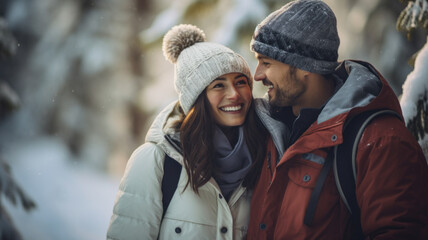 Fototapeta premium Young couple enjoying life outdoors in winter. Beautiful woman and handsome man smiling and looking each other. There is romance in the air. Blurry background.