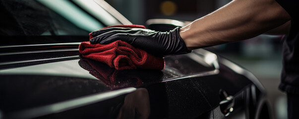 A man cleaning car with microfiber cloth, car detailing concept. Selective focus.