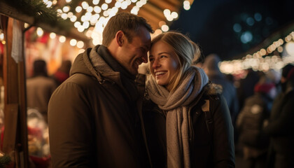 Fototapeta na wymiar Young couple having fun in Christmas market. Beautiful woman and handsome man smiling and looking each other. There is romance in the air. Bokeh background.