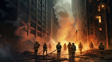 Firemen extinguishing burning skyscrapers no faces shown created with Generative AI