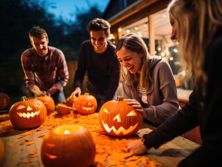 Fotografía que muestra amigos tallando una calabaza, con varias decoraciones de Halloween en la escena.