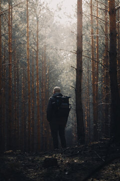 A man in outdoor clothing standing in the middle of the forest (selective focus) © Jakub