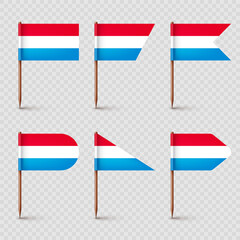 Luxembourgish toothpick flags. Souvenir from Luxembourg. Wooden toothpicks with paper flag. Location mark, map pointer. Blank mockup for advertising and promotions. Vector illustration