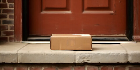 Small brown cardboard delivery box, defocused door background