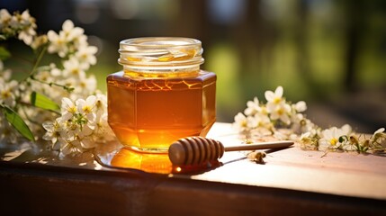 bowl of honey isolated on blurred background