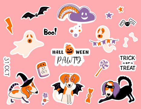Set of Halloween dogs in masquerade costumes, rainbow, spider, bat, candies. Dog pawty. Cute stickers for planning and decor. Hand drawn vector illustrations. © danielekaterina