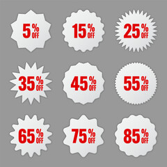 Price tags collection, special offer or shopping discount label with percent, discount percentage value. White retail paper sticker. Promotional sale badge. Vector illustration