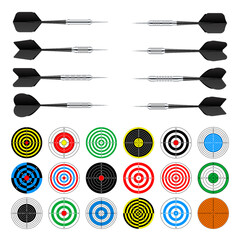 Paper targets with dart arrows. Shooting range round target, divisions, marks and numbers. Gun shooting practise and training, sport competition, hunting. Bullseye and aim. Vector illustration