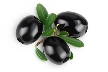 Black olives with leaves isolated on a white background with full depth of field. Top view. Flat lay