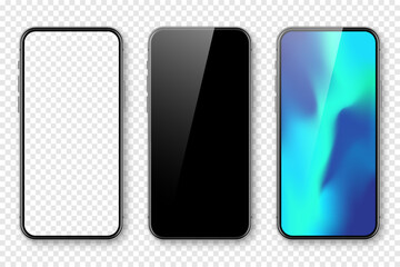 Smartphone with blank touch screen and abstract colorful background, wallpaper. Frameless mobile phone in front view. High quality detailed device mockup. Vector illustration