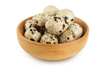 Raw quail egg in wooden bowl isolated on white background with full depth of field