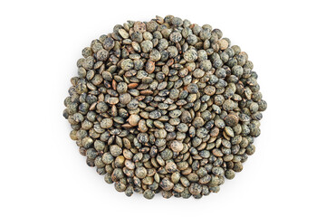 raw french green lentils isolated on white background with full depth of field
