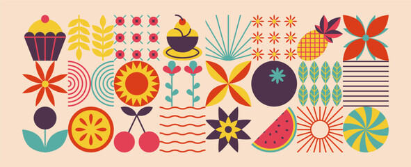 Geometric food pattern. Natural organic fruit flower shapes, modern brand identity package menu design. Vector background