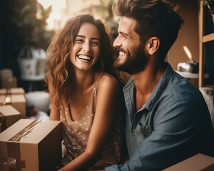 Happy couple in their own apartment. Young couple moving into their house