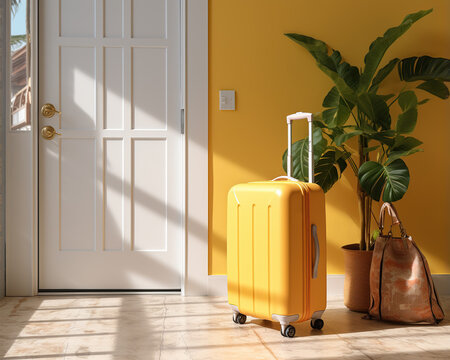 Check-in to apartment, yellow suitcase near front door. Vacation start